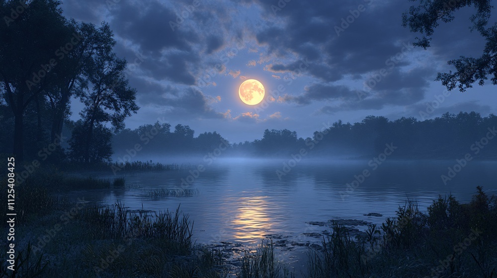 Fototapeta premium Full moon over misty lake at night.