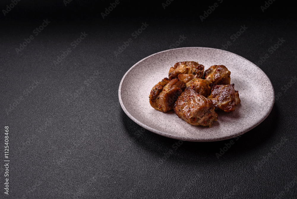 Delicious grilled chicken, turkey or pork skewers with salt, spices and herbs Delicious grilled chicken, turkey or pork skewers with salt, spices and herbs