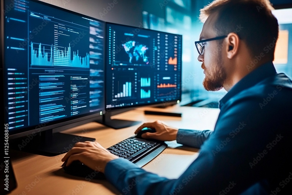 Engaged data analyst working late at night with multiple screens displaying analytics and insights Engaged data analyst working late at night with multiple screens displaying analytics and insights