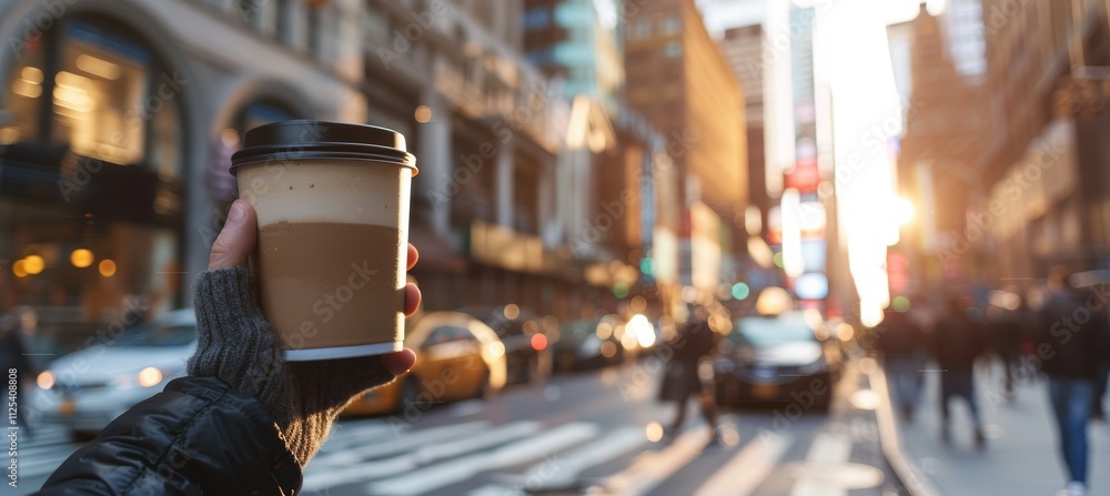 Urban Adventure with Mocha Travel Mug: City Journey in Sunset Light Urban Adventure with Mocha Travel Mug: City Journey in Sunset Light