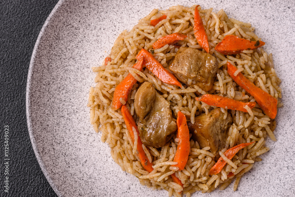 Delicious fresh pilaf with rice, carrots, meat, onions, spices and berries Delicious fresh pilaf with rice, carrots, meat, onions, spices and berries