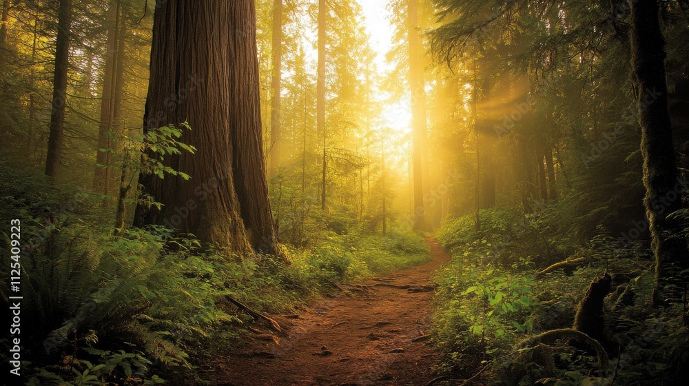 Fototapeta premium Sunlit path through misty redwood forest.