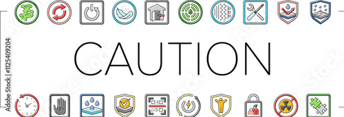 product caution label warning icons set vector. odor control, reversible, automatic shut down, lightweight, indoor use only product caution label warning color line illustrations