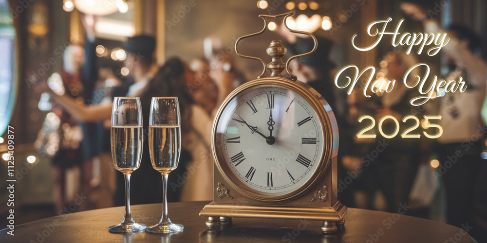 Życzenia Happy New Year 2025, zegar vintage oraz dwa kieliszki z szampanem, w tle osoby podczas zabawy sylwestrowej