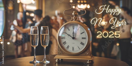 Obraz na płótnie Życzenia Happy New Year 2025, zegar vintage oraz dwa kieliszki z szampanem, w tle osoby podczas zabawy sylwestrowej w salonie