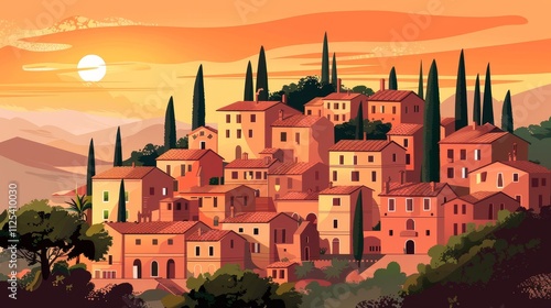 Wallpaper Mural A picturesque sunset view of a hillside village with terracotta buildings and cypress trees. Torontodigital.ca