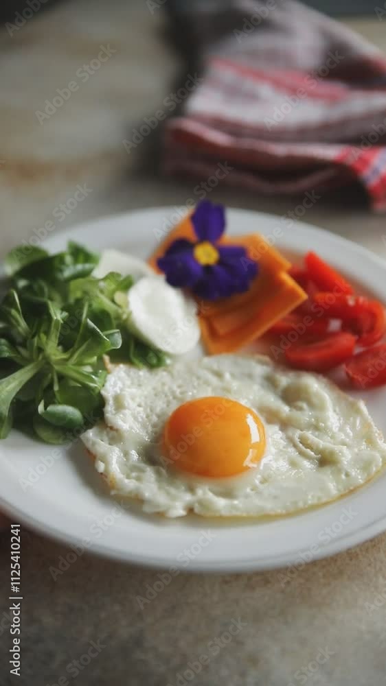 Fried egg yolk and protein, tomato, cheese quick breakfast fresh tasty food dish gourmet food background on the table rustic food top view copy space Fried egg yolk and protein, tomato, cheese quick breakfast fresh tasty food dish gourmet food background on the table rustic food top view copy space