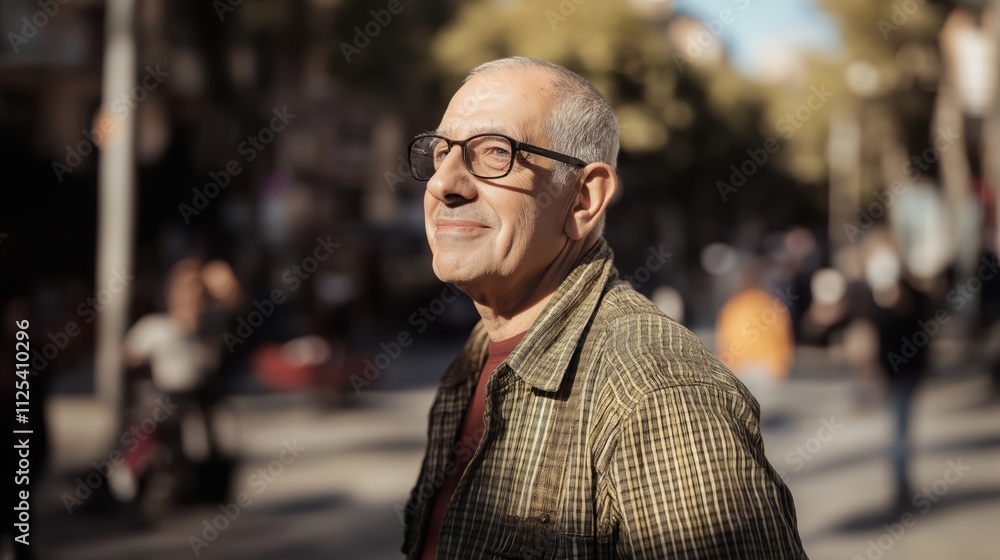 Man wearing glasses and a green jacket is standing on a sidewalk Man wearing glasses and a green jacket is standing on a sidewalk
