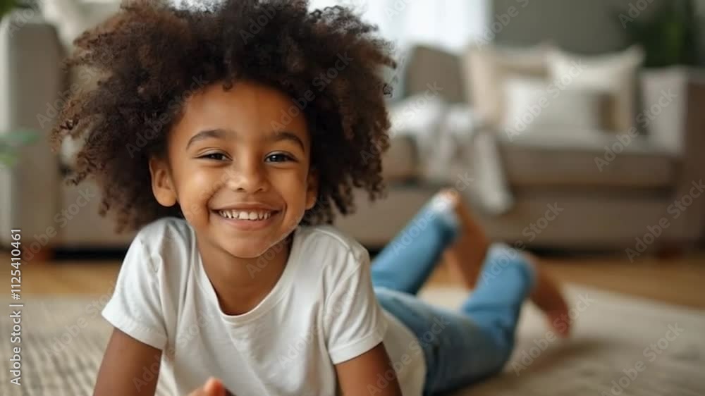 Smiling Child Relaxing Indoors on Carpet
Smiling Child Relaxing Indoors on Carpet