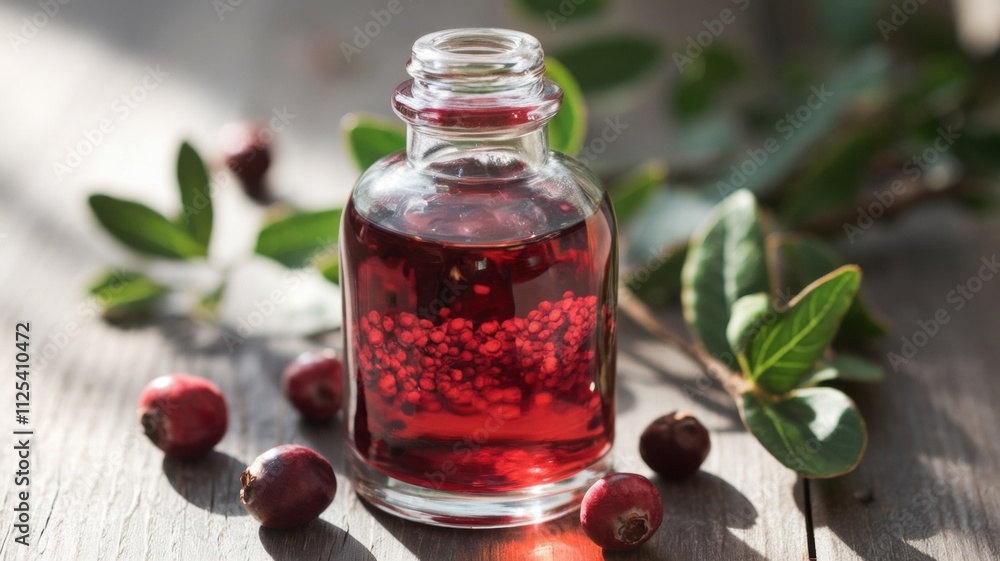 Promotional photo of dark red cranberry seed oil. The bottle is surrounded by several pieces of dried cranberries and lingonberry leaves. Promotional photo of dark red cranberry seed oil. The bottle is surrounded by several pieces of dried cranberries and lingonberry leaves.