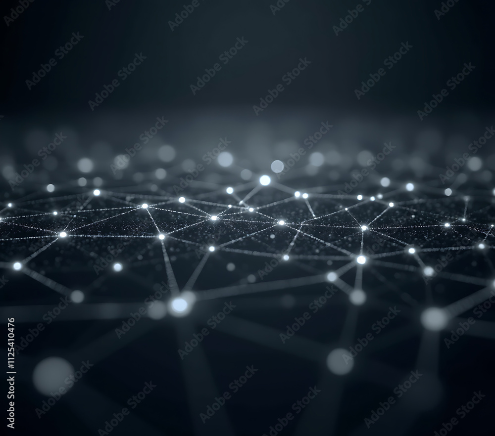 Obraz premium A digital canvas of interconnected points and lines forms a glowing grey network, evoking big data and abstract technological concepts._00001_