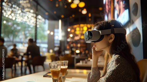 A woman enjoys virtual reality with VR headset in a modern cafe, immersed in her experience, while drinks sit on the table beside her.