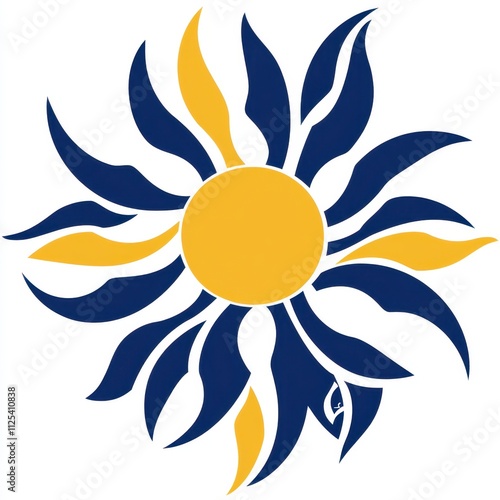 Ornate sunburst design with radiating golden and navy blue stylized floral elements.