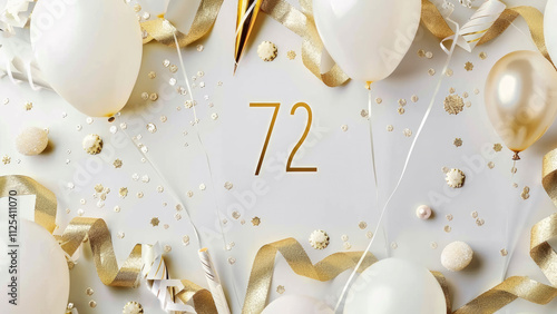 Shiny golden 72nd birthday celebration with confetti and balloons photo