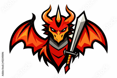 Demonic dragon with a fiery sword mascot logo vector illustration