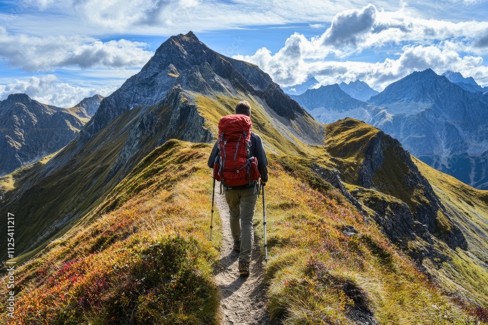 Lone Hiker Trekking Along a Sunlit Mountain Path Towards the Peak, Embracing Adventure and Freedom Lone Hiker Trekking Along a Sunlit Mountain Path Towards the Peak, Embracing Adventure and Freedom