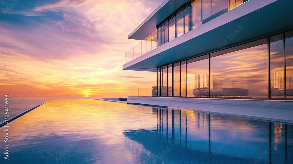 Fototapeta premium Modern luxury house with infinity pool at sunset.
