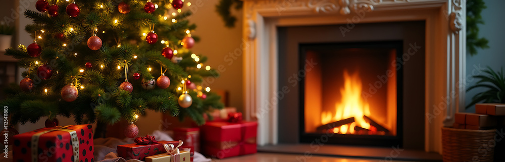 A beautifully decorated Christmas tree sits beside festive holiday presents on a warm cozy fireplace mantle._00001_ A beautifully decorated Christmas tree sits beside festive holiday presents on a warm cozy fireplace mantle._00001_