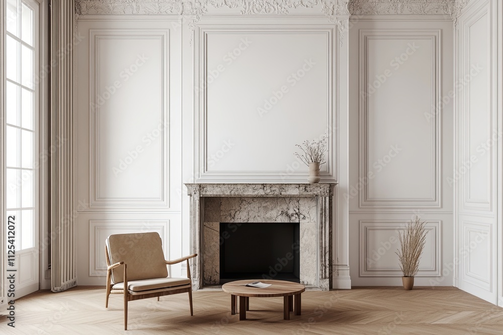 Fototapeta premium Interior of a modern living room with white walls, wooden floors, a fireplace and a wooden armchair standing next to a small coffee table. 
