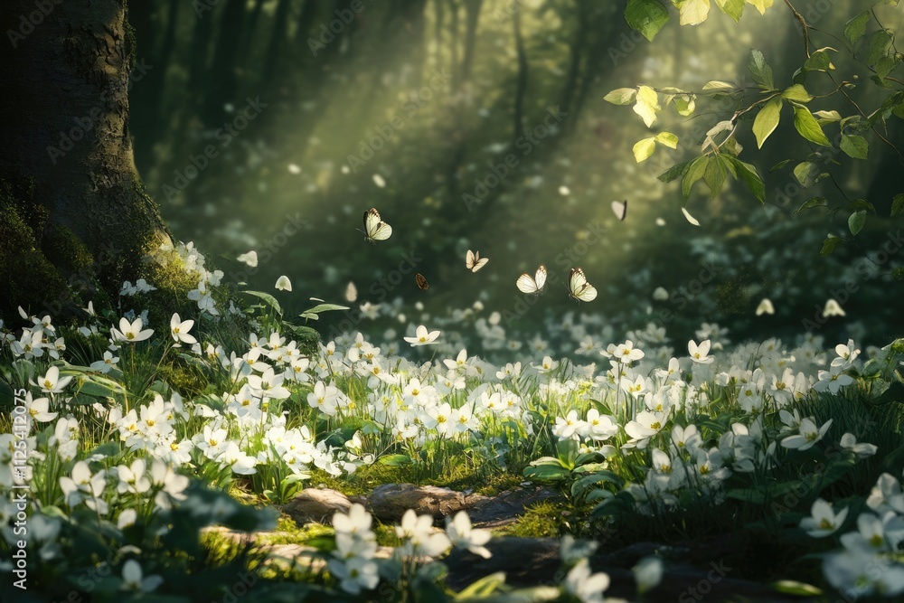 Sunny Forest Glade Filled with Blooming Spring Flowers and Dancing Butterflies Sunny Forest Glade Filled with Blooming Spring Flowers and Dancing Butterflies