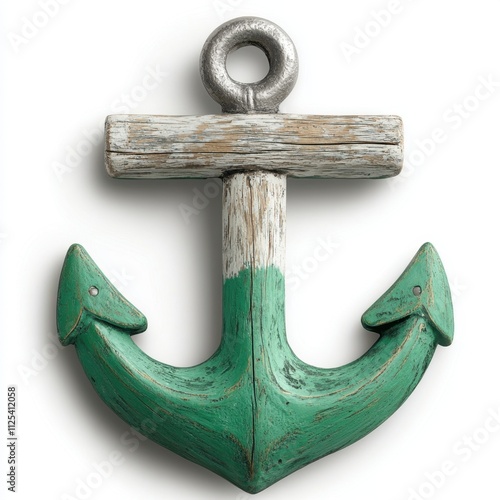 Rustic wooden anchor with green and natural wood tones, featuring a weathered and vintage look. Perfect for nautical-themed designs, decor, or maritime-inspired projects, AI photo