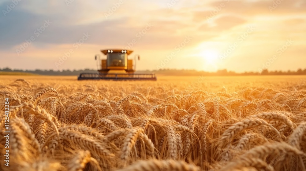 Fototapeta premium Harvester in Wheat Field at Sunset - Golden Crops Under Warm Sky