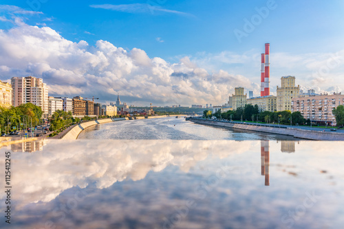Canvas Print View of Berezhkovskaya Embankment in Moscow with reflection on a mirror stone su