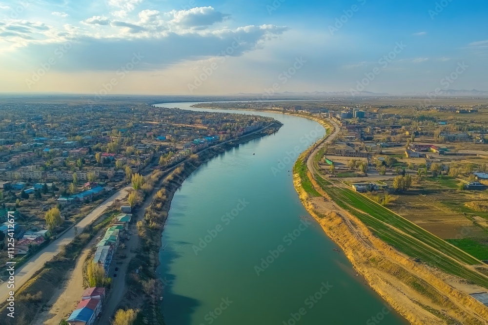 Fototapeta premium Aerial View of the Lower Ural River Flowing Through Saray Yuek in Atyrau, Kazakhstan - Central Asia Landscape
