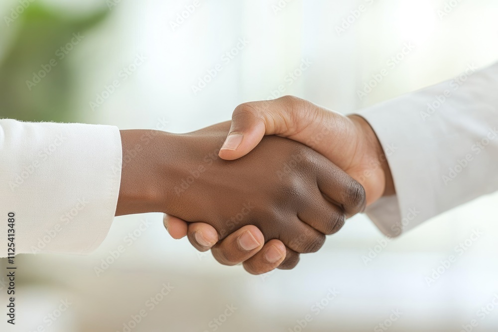 Warm Welcom: Multiracial Businessman and Businesswoman Shaking Hands in a Professional Office Setting Warm Welcom: Multiracial Businessman and Businesswoman Shaking Hands in a Professional Office Setting