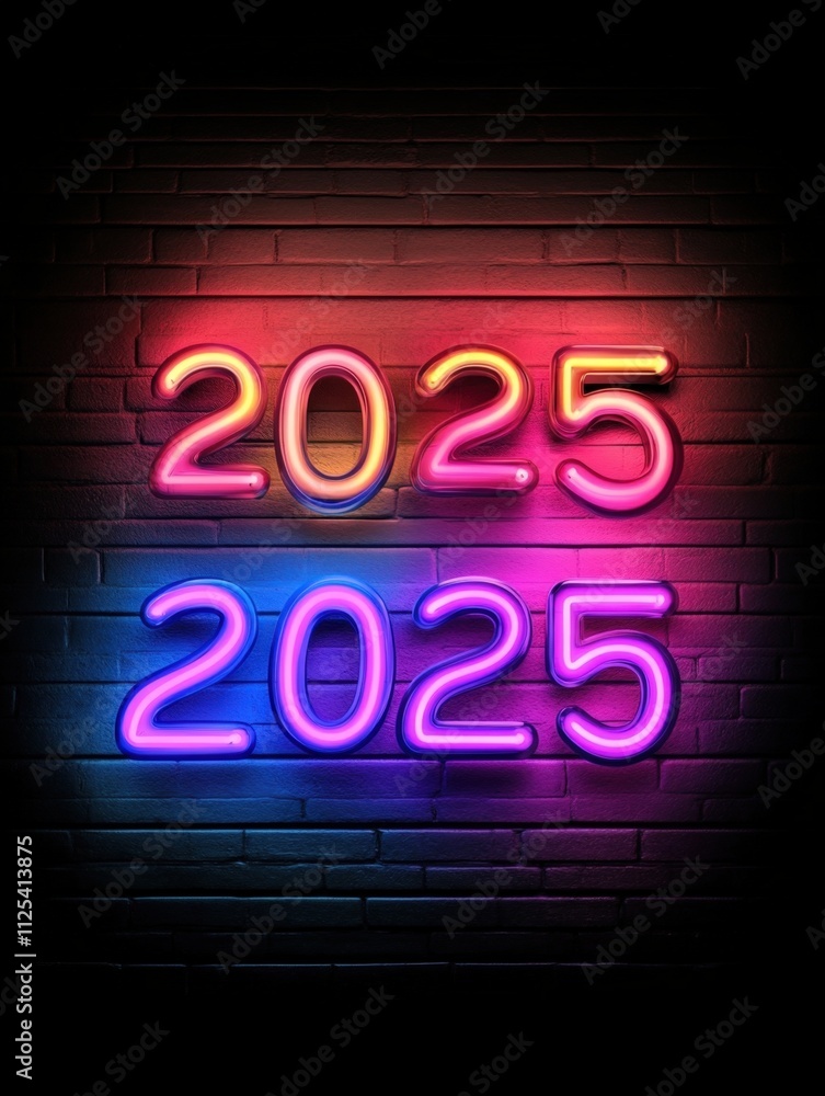 2025 in vibrant neon lights glowing against a dark brick wall, symbolizing the new year, AI 2025 in vibrant neon lights glowing against a dark brick wall, symbolizing the new year, AI