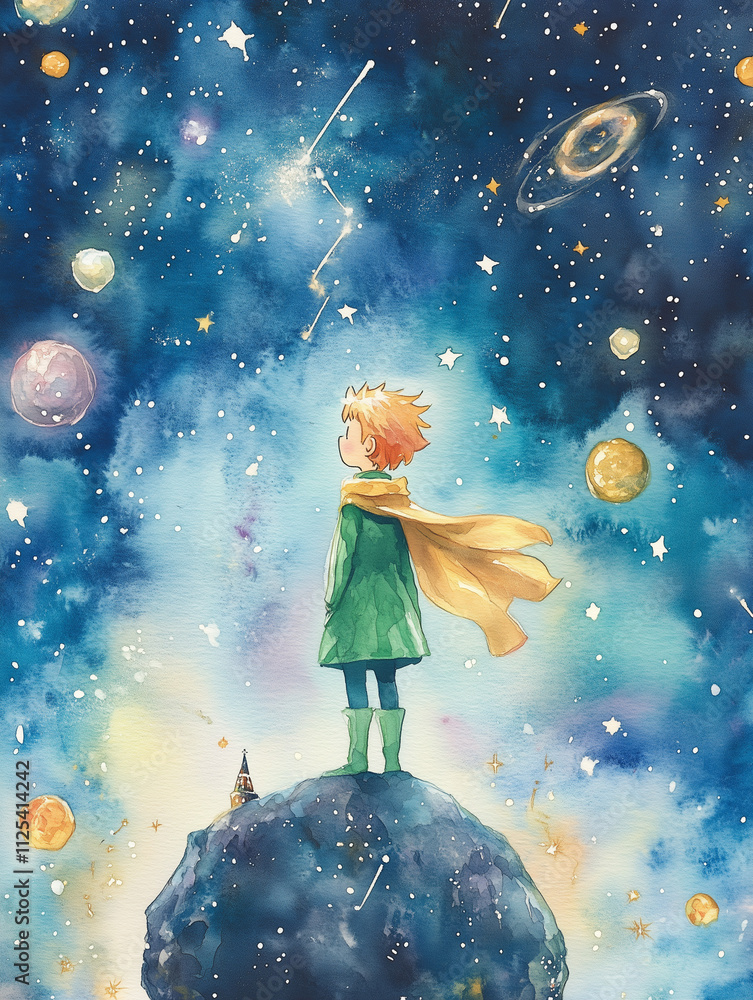A child in a green cloak gazes at space from a distant planet A child in a green cloak gazes at space from a distant planet