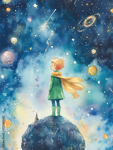 A child in a green cloak gazes at space from a distant planet  