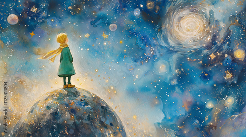 child gazing at stars on a cosmic background  