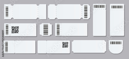 Ticket Empty template. Concert movie theater boarding blank white tickets lottery coupons . Vector