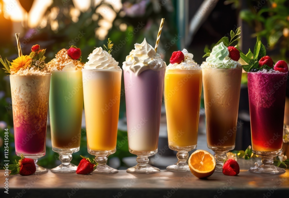 indulgent milk based drinks featuring vibrant ingredients like colorful rich creamy textures eye catching trimmings, beverage, smoothie, shake, syrup, froth indulgent milk based drinks featuring vibrant ingredients like colorful rich creamy textures eye catching trimmings, beverage, smoothie, shake, syrup, froth