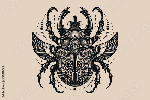 Vintage black and white Egyptian scarab beetle illustration in tattoo style