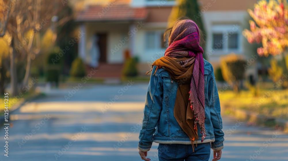 Back of a woman leaving her home. Independence, freedom, and empowerment. Strength and autonomy of women in modern society. Domestic violence Back of a woman leaving her home. Independence, freedom, and empowerment. Strength and autonomy of women in modern society. Domestic violence