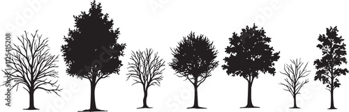 Silhouette simple  vector of a Row of Tall Trees set