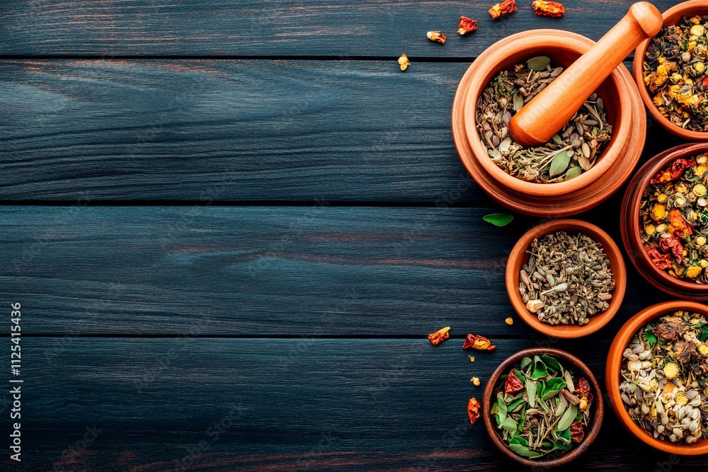 Spice collection on a wooden table featuring various herbs and a mortar