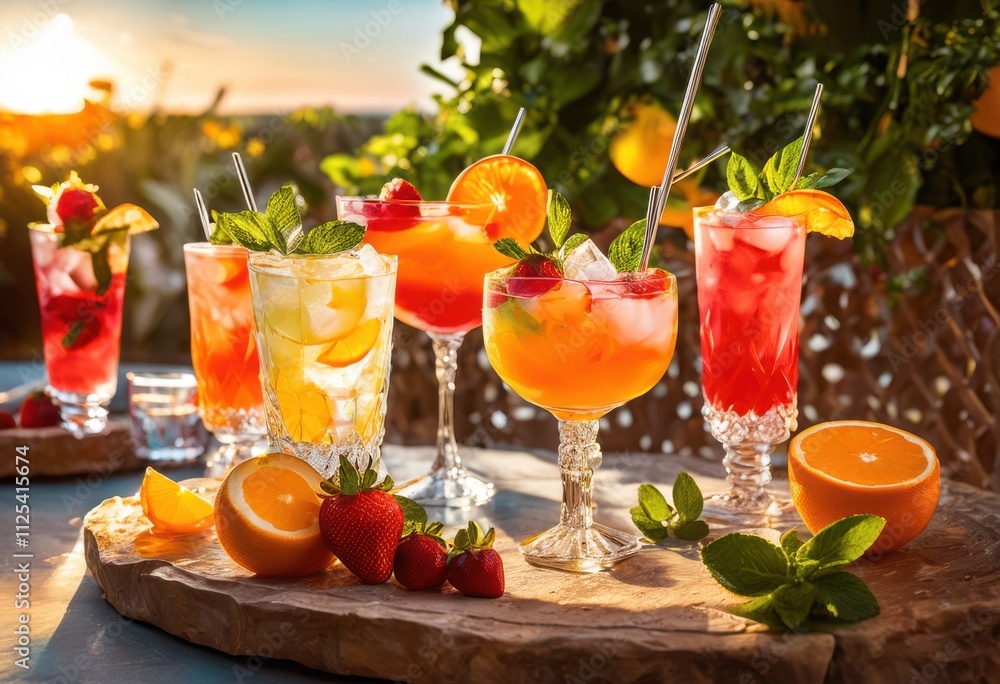 Fototapeta premium exquisite range vibrant iced cocktails adorned refreshing colorful garnishes visual feast fun, beverage, drink, spirits, refreshment, mocktail, smoothie