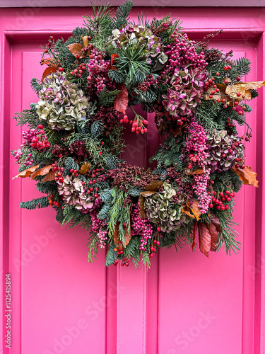 Elegant christmas wreath decorated with dry flowers and fir trees on a pink wooden door. Christmas mood. Beautiful vintage door. Christmas mood: festive christmasy themed winter natural wreath on a pi