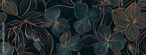 Dark teal and copper line art orchid pattern on a dark background a seamless wallpaper design an elegant floral motif with metallic accents. photo