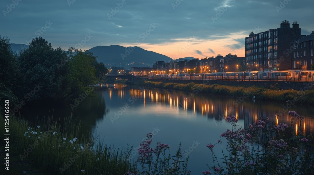 Serene twilight over a calm river, buildings reflecting in the water as night approaches, creating a peaceful urban scene. Serene twilight over a calm river, buildings reflecting in the water as night approaches, creating a peaceful urban scene.