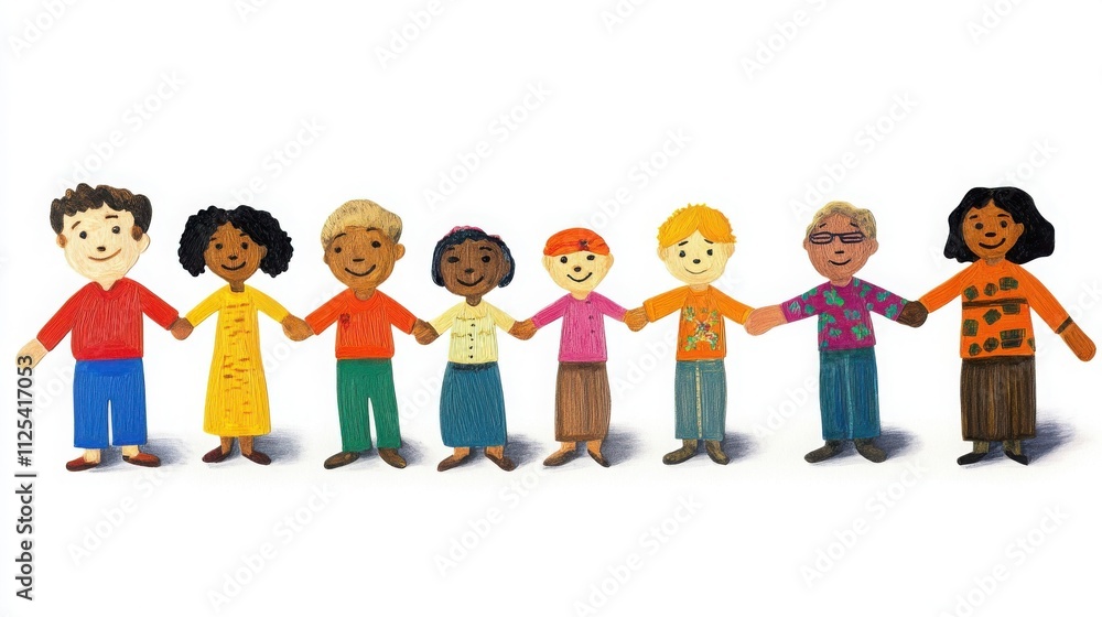 Diverse group of children and adults holding hands, symbolizing unity and friendship. A vibrant illustration of togetherness. Diverse group of children and adults holding hands, symbolizing unity and friendship. A vibrant illustration of togetherness.