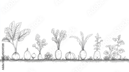 Continuous Line Art of a Vibrant Vegetable Family Thriving in a Kitchen Garden photo