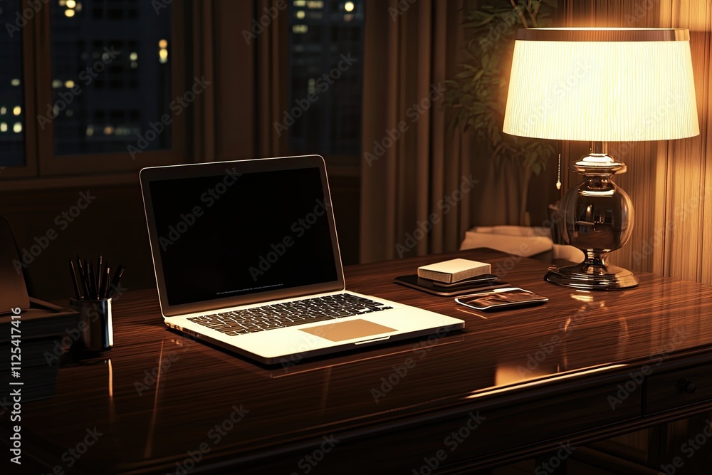 Modern dark wood office desk at night under the warm light of a desk lamp with a laptop computer, accessories and copy space. close-up. Modern dark wood office desk at night under the warm light of a desk lamp with a laptop computer, accessories and copy space. close-up.
