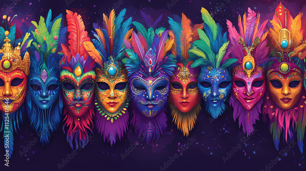 A vibrant row of colorful carnival masks with feathered headdresses, showcasing a rich blend of hues and creative designs. Carnival. Illustration A vibrant row of colorful carnival masks with feathered headdresses, showcasing a rich blend of hues and creative designs. Carnival. Illustration