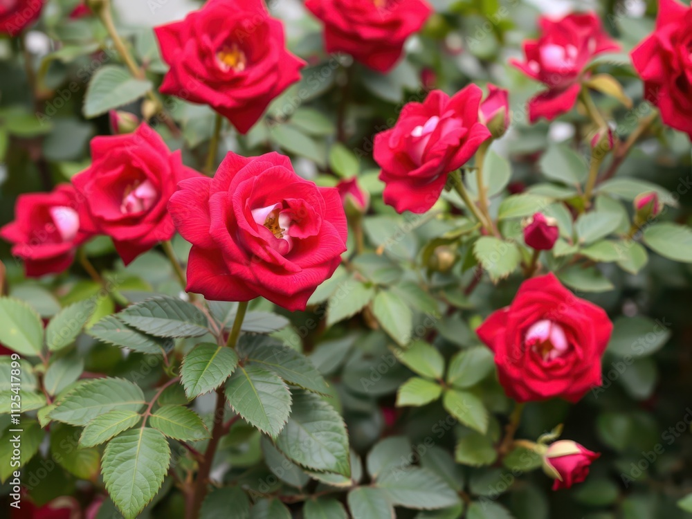 Beautiful background of vibrant red roses in full bloom with lush green leaves, leaves Beautiful background of vibrant red roses in full bloom with lush green leaves, leaves