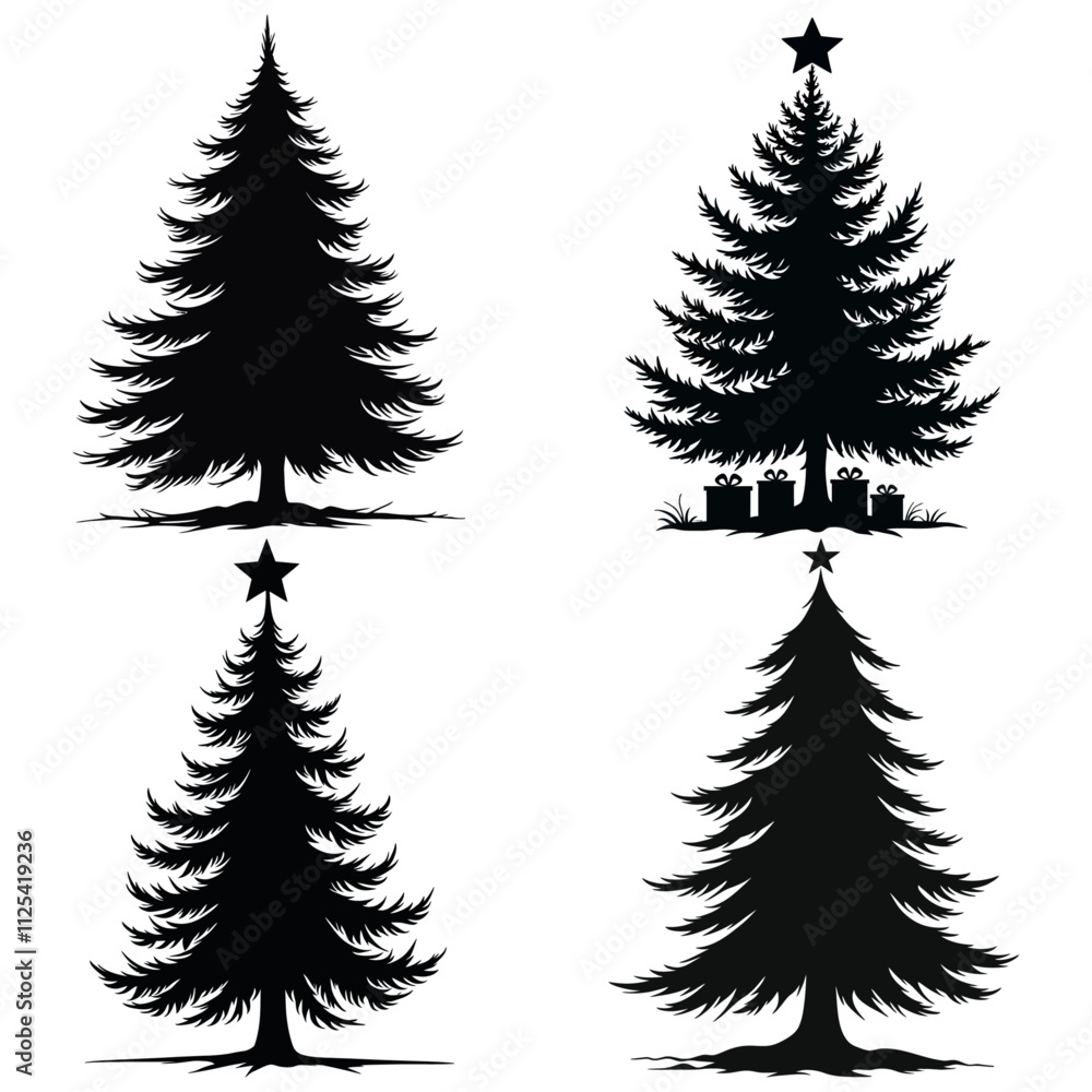 Obraz premium Black and White Christmas Tree Silhouette Vector Set