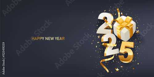 Happy New Year 2025. White 3D numbers with golden ribbons, gift box and confetti on a dark blue background.